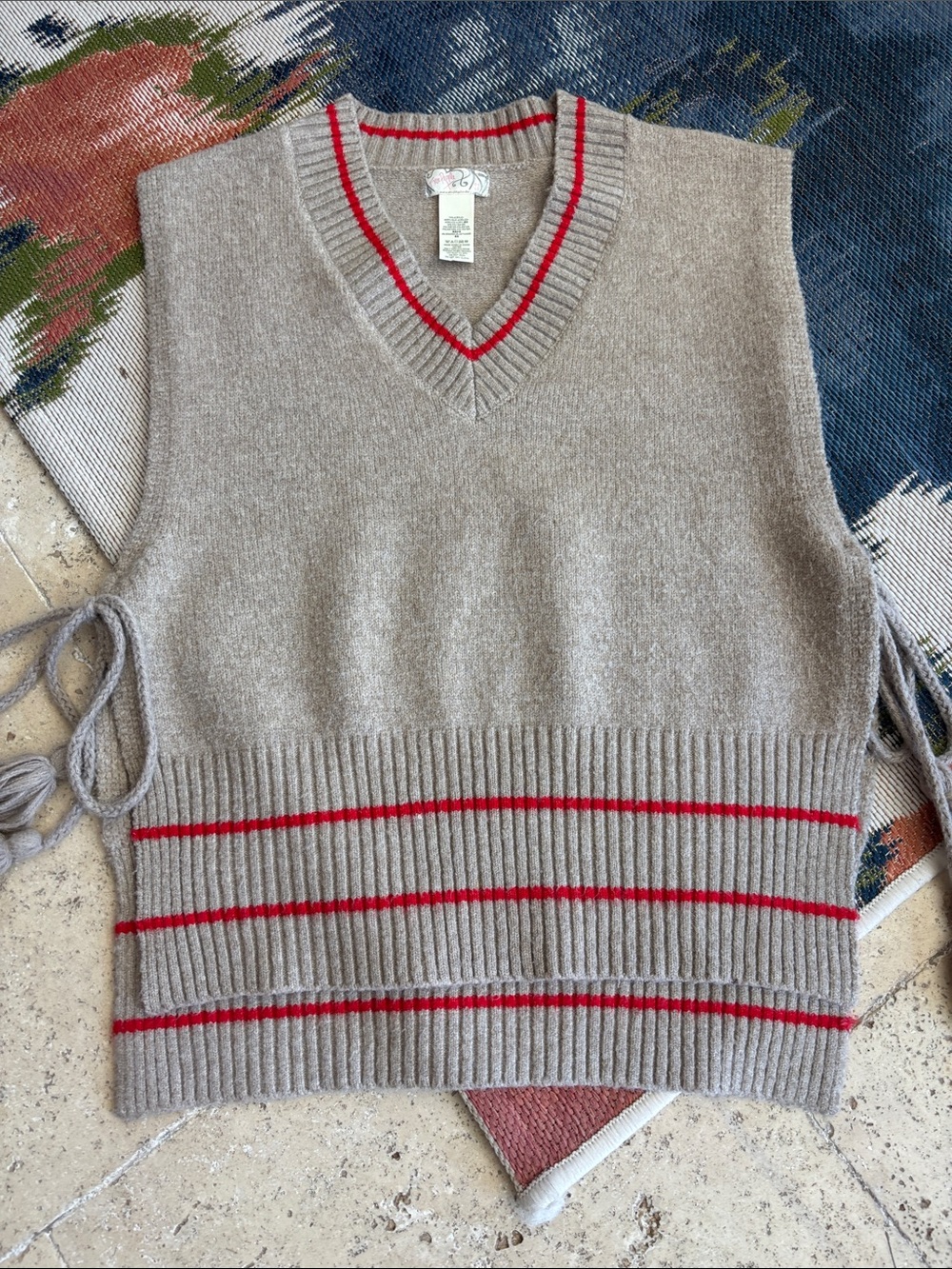 Free People Taupe V-Neck Sweater Vest with Red Stripe